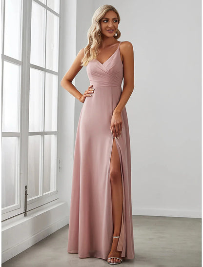 A-Line Bridesmaid Dress V Neck Sleeveless Elegant Floor Length Chiffon with Draping / Solid Color by YiHuiw