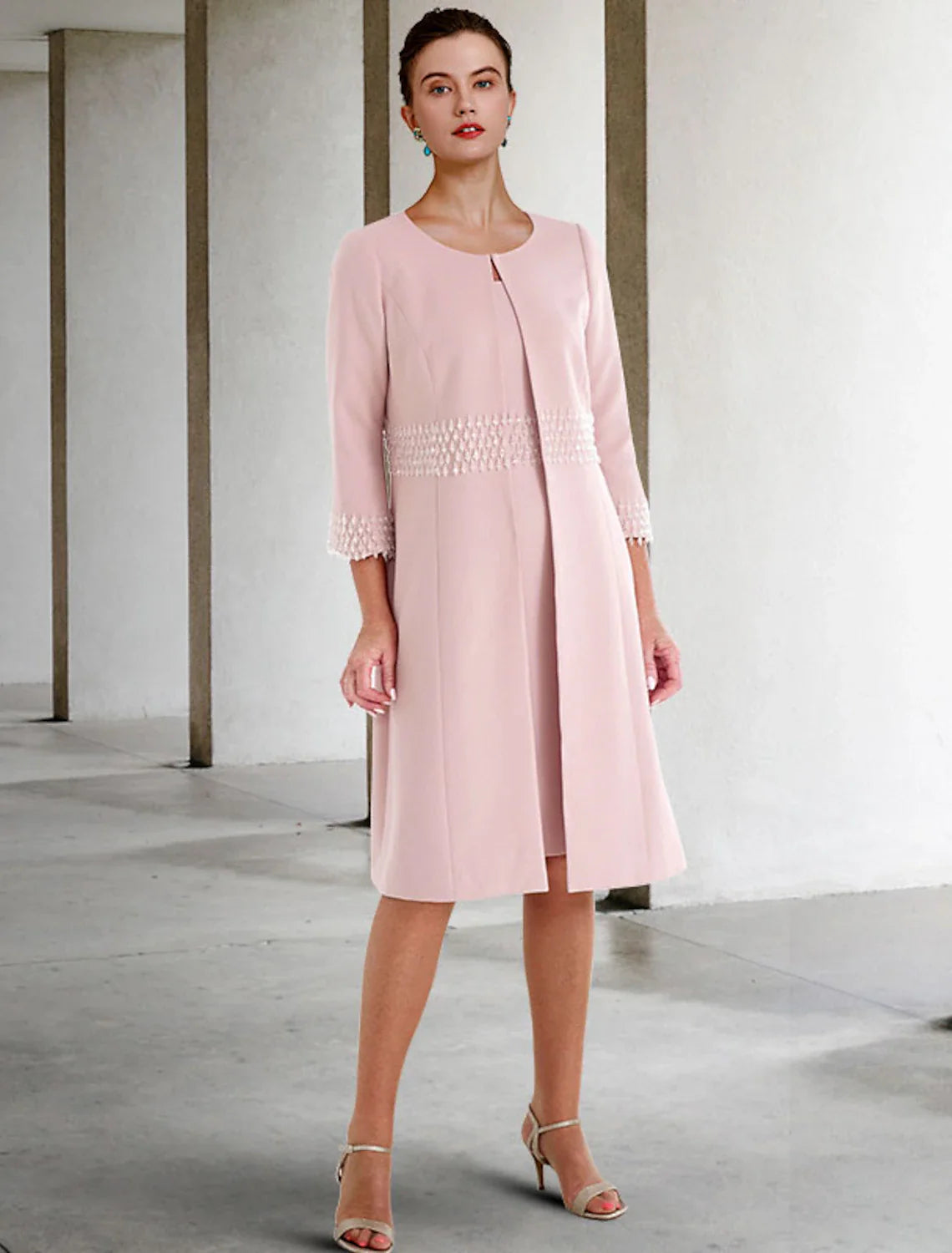 Two Piece Sheath / Column Mother of the Bride Dress Wedding Guest Church Elegant Jewel Neck Knee Length  Fabric Short Sleeve Jacket Dresses with Beading Fall