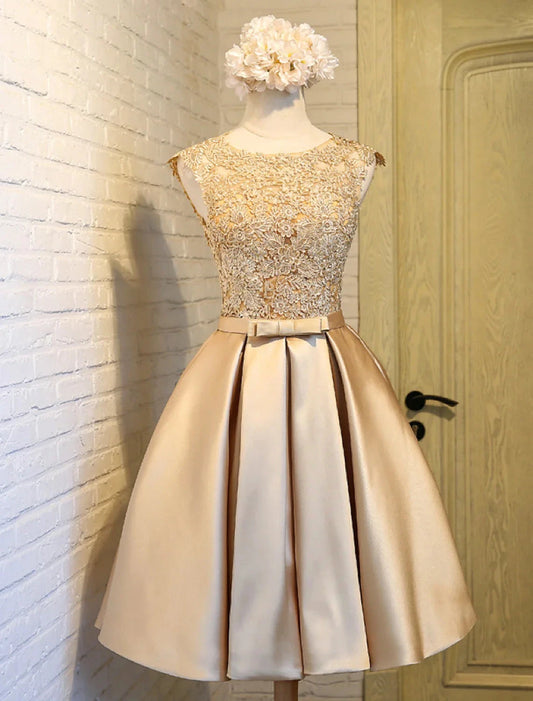 A-Line Lace Homecoming Dresses Open Back Dress Prom Knee Length Sleeveless Jewel Neck Satin with Butterfly by YiHuiw
