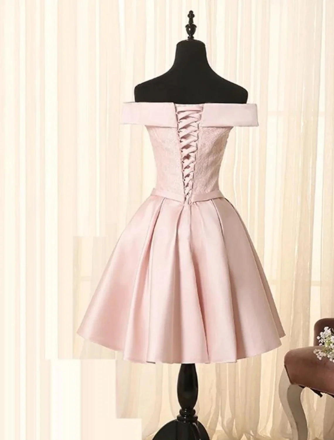 A-Line Minimalist Elegant Engagement Cocktail Party Dress Off Shoulder Sleeveless Short / Mini Satin with Bow(s) Lace Insert by YiHuiw