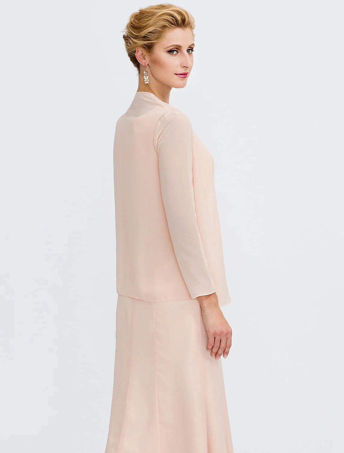 Two Piece Sheath / Column Mother of the Bride Dress Wedding Guest Plus Size Elegant with Jacket Long Sleeve Scoop Neck Tea Length Chiffon Sash / Ribbon Pleats Beading by YiHuiw