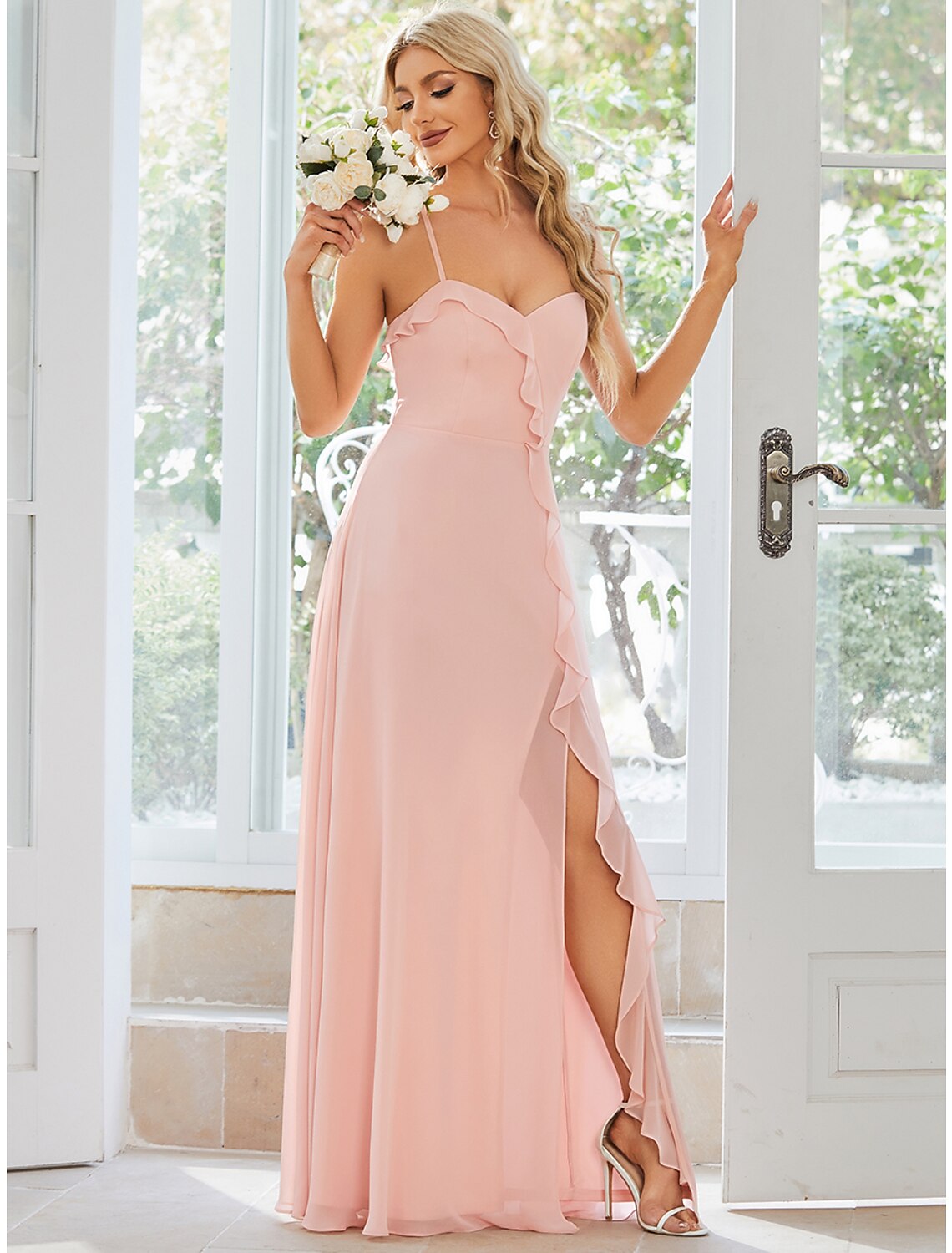 A-Line Wedding Guest Dresses Casual Dress Party Wear Floor Length Sleeveless Spaghetti Strap Chiffon with Ruffles Slit by YiHuiw