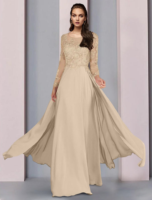A-Line Mother of the Bride Dress Wedding Guest Party Elegant Scoop Neck Floor Length Chiffon Half Sleeve with Lace Ruching by YiHuiw