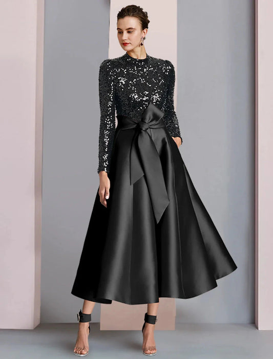 A-Line Mother of the Bride Dress Wedding Guest Elegant Sparkle & Shine High Neck Tea Length Satin Sequined Long Sleeve with Bow(s) Pleats by YiHuiw