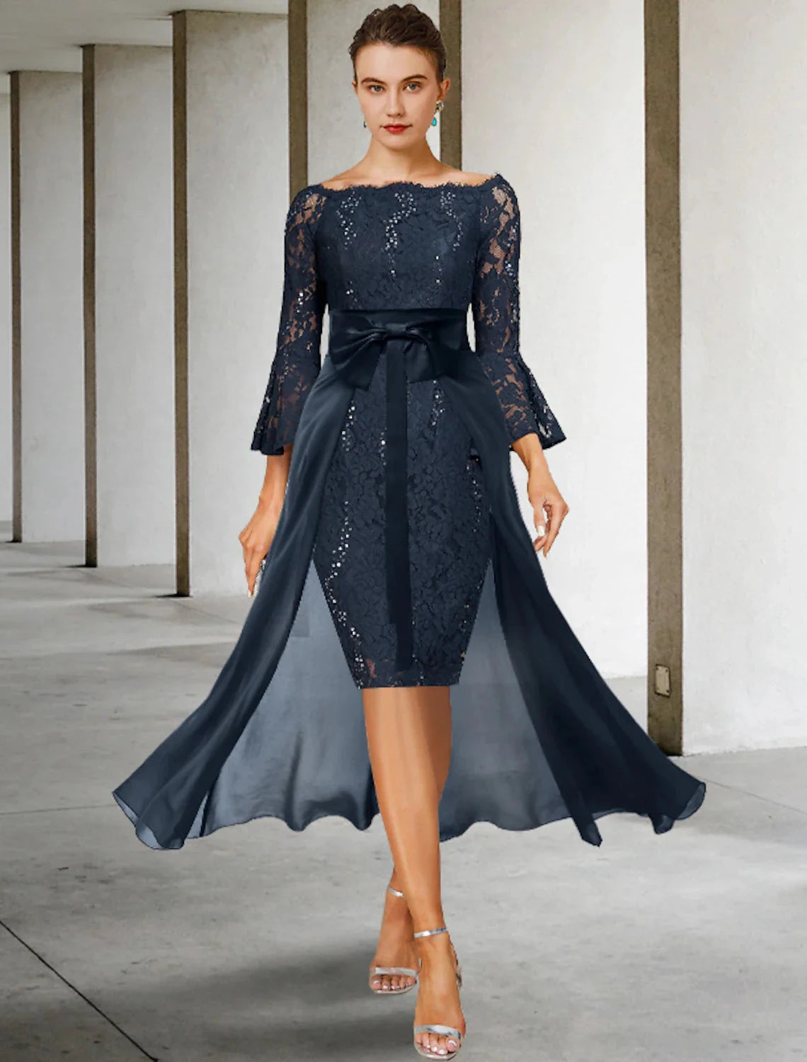 Two Piece Sheath / Column Mother of the Bride Dress Formal Wedding Guest Party Elegant Off Shoulder Knee Length Chiffon Lace Imitated Silk 3/4 Length Sleeve with Bow(s) by YiHuiw