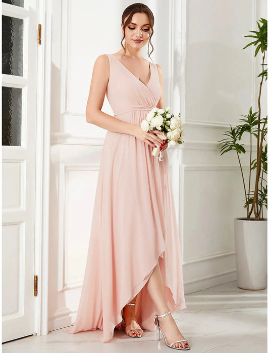 A-Line Wedding Guest Dresses Elegant Dress Party Wear Asymmetrical Sleeveless V Neck Chiffon with Ruffles Strappy by YiHuiw