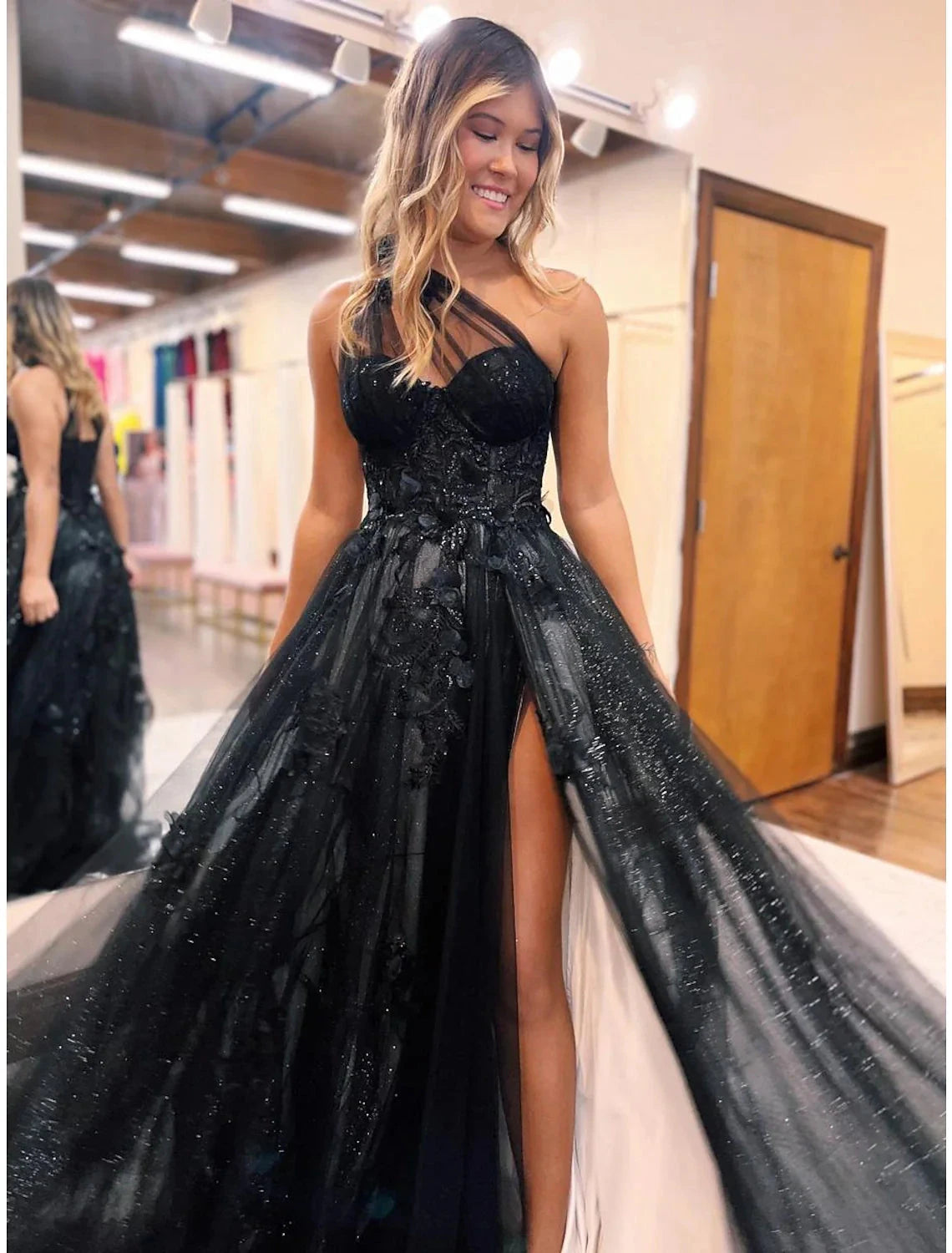 A-Line Prom Dresses Color Block Dress Formal Wedding Guest Sweep / Brush Train Sleeveless One Shoulder Tulle Backless with Pleats Appliques by YiHuiw