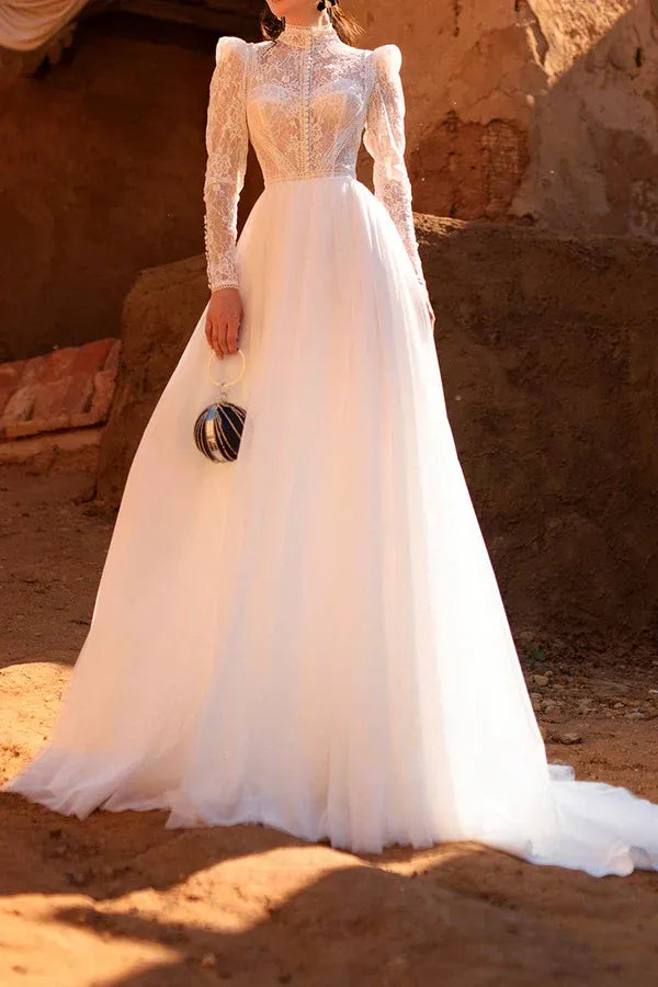 A-Line High Neck Floor-Length Wedding Dress - Yihuiw by Yihuiw