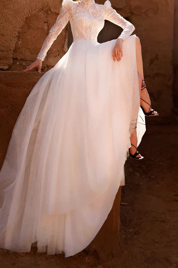 A-Line High Neck Floor-Length Wedding Dress - Yihuiw by Yihuiw