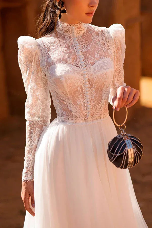 A-Line High Neck Floor-Length Wedding Dress - Yihuiw by Yihuiw
