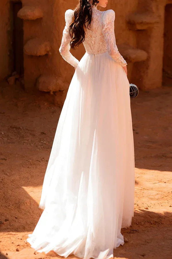 A-Line High Neck Floor-Length Wedding Dress - Yihuiw by Yihuiw