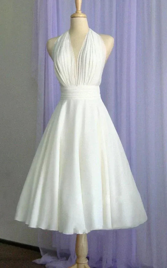 A-Line Halter Sleeveless Tea-Length Wedding Dress - Yihuiw by Yihuiw