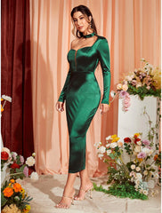 Mermaid / Trumpet Party Dresses Sexy Dress Wedding Party Semi Formal Tea Length Long Sleeve One Shoulder  Satin with Ruched Slit