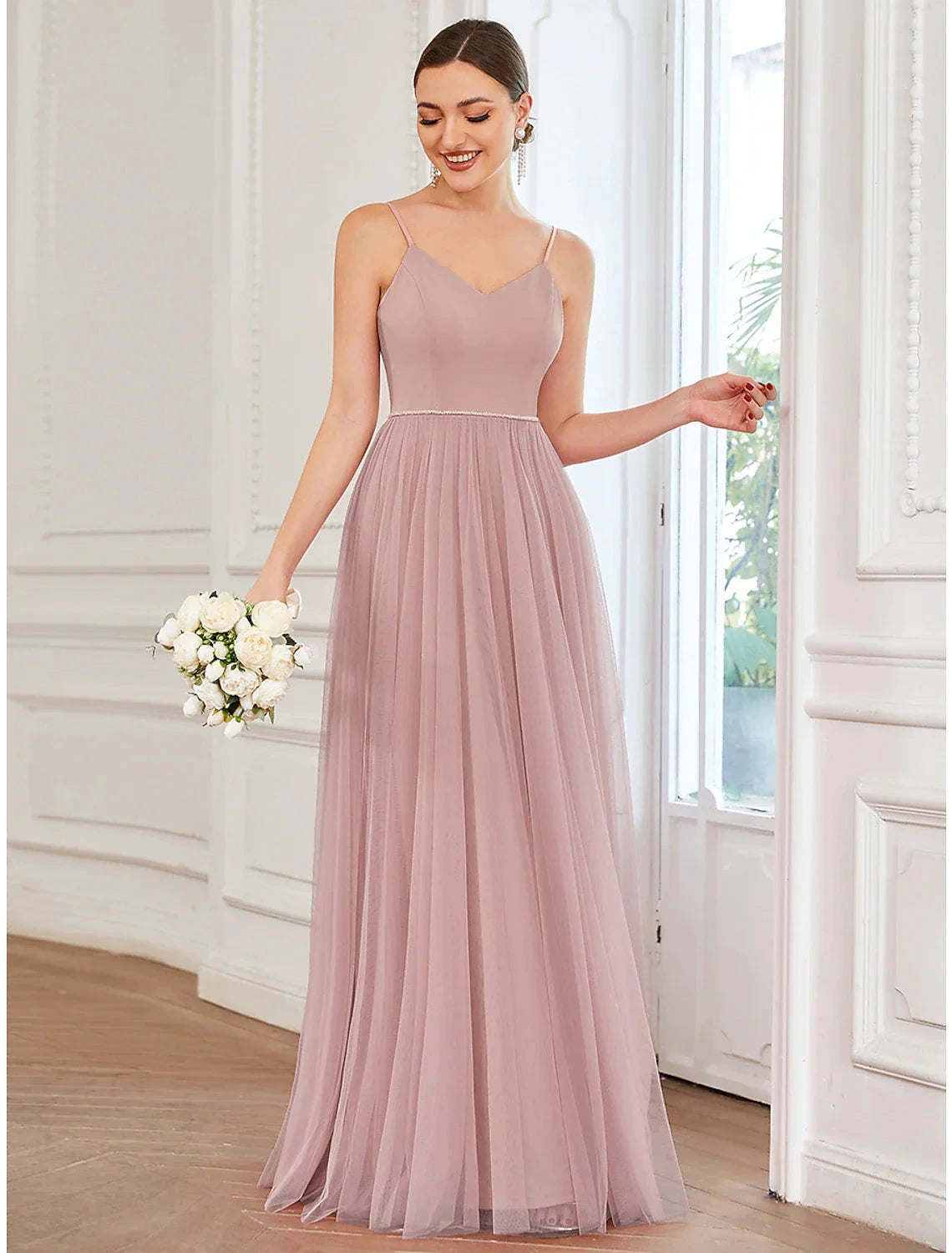 A-Line Prom Dresses Vintage Dress Wedding Guest Floor Length Sleeveless V Neck Tulle V Back with Pleats Draping by YiHuiw