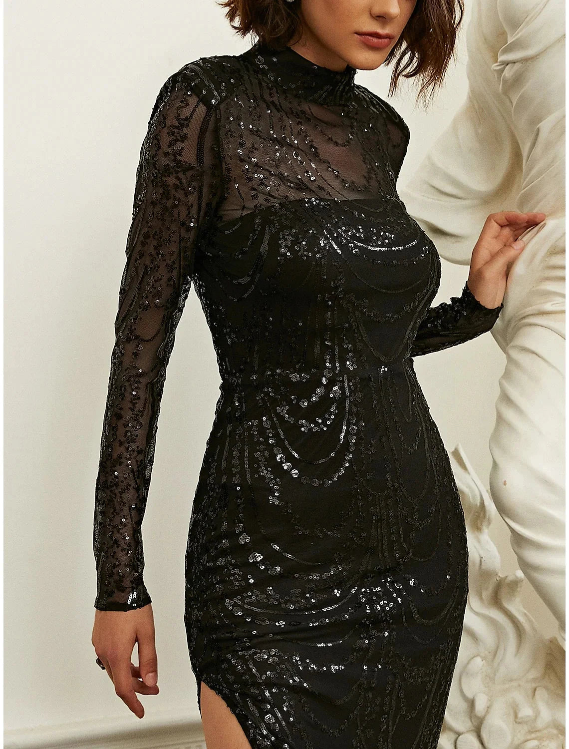 Sheath / Column Evening Gown Sparkle & Shine Dress Formal Wedding Guest Sweep / Brush Train Long Sleeve High Neck Sequined with Glitter Slit by YiHuiw