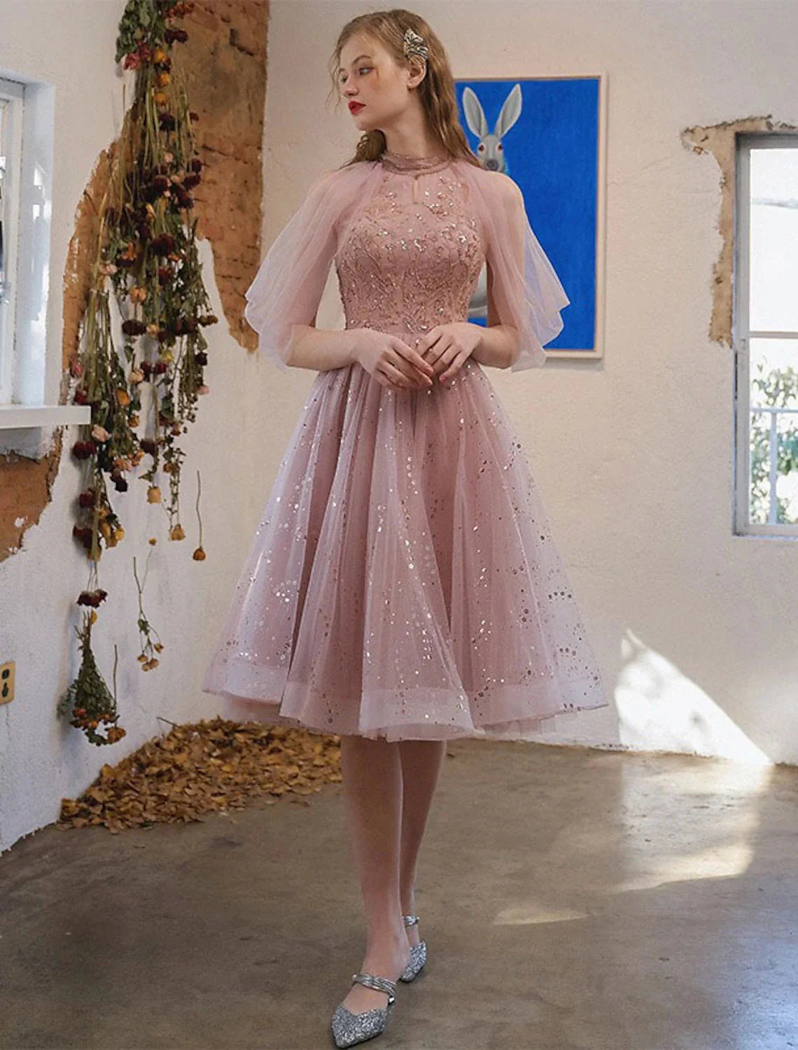 A-Line Cocktail Dresses Party Dress Graduation Engagement Knee Length 3/4 Length Sleeve Jewel Neck Tulle with Sequin Appliques by YiHuiw