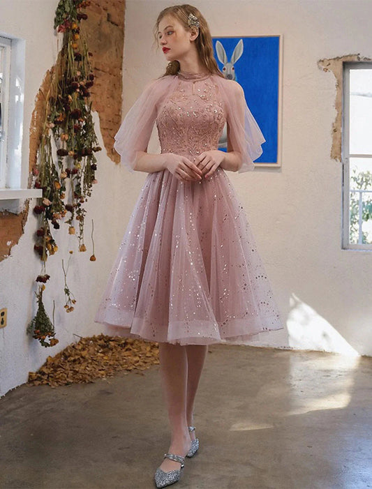 A-Line Cocktail Dresses Party Dress Graduation Engagement Knee Length 3/4 Length Sleeve Jewel Neck Tulle with Sequin Appliques by YiHuiw