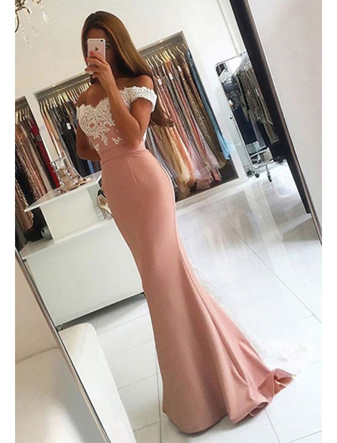 Satin Prom Dress Trumpet/Mermaid V-Neck Sweep Train With Lace by YiHuiw