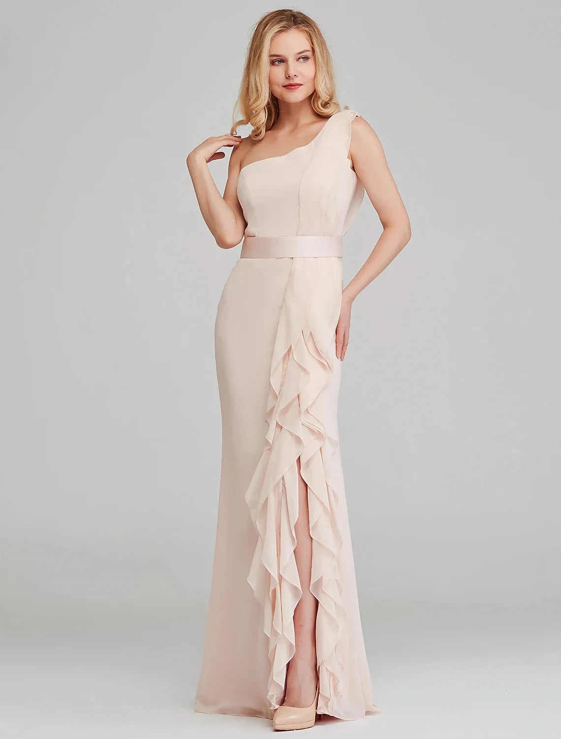 Sheath / Column Bridesmaid Dress One Shoulder Sleeveless Elegant Long Length Chiffon with Cascading Ruffles by YiHuiw