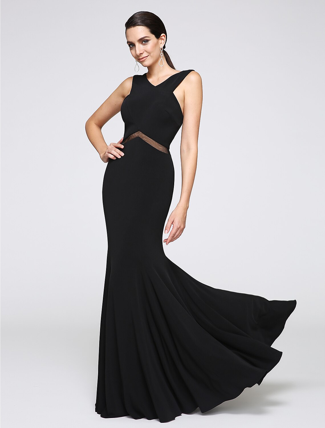 Mermaid / Trumpet Cross Front / Y Neck Floor Length Jersey Minimalist Holiday / Cocktail Party / Formal Evening Dress with Lace by YiHuiw