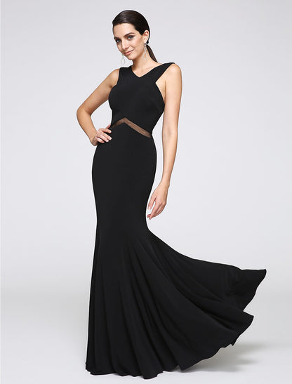 Mermaid / Trumpet Cross Front / Y Neck Floor Length Jersey Minimalist Holiday / Cocktail Party / Formal Evening Dress with Lace by YiHuiw