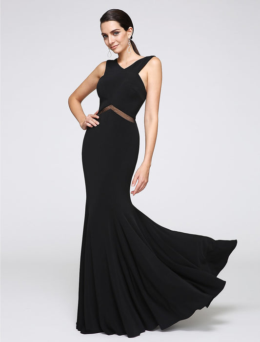 Mermaid / Trumpet Cross Front / Y Neck Floor Length Jersey Minimalist Holiday / Cocktail Party / Formal Evening Dress with Lace by YiHuiw