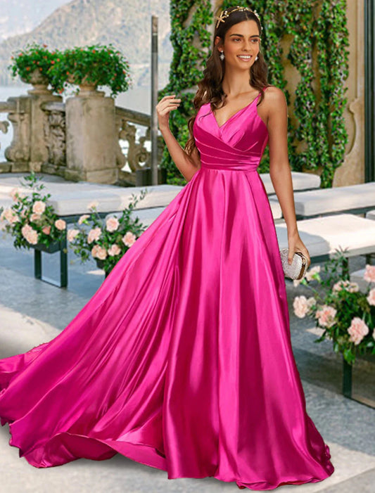 A-Line Bridesmaid Dress V Neck / Spaghetti Strap Sleeveless Sexy Sweep / Brush Train Charmeuse with Pleats / Solid Color by YiHuiw