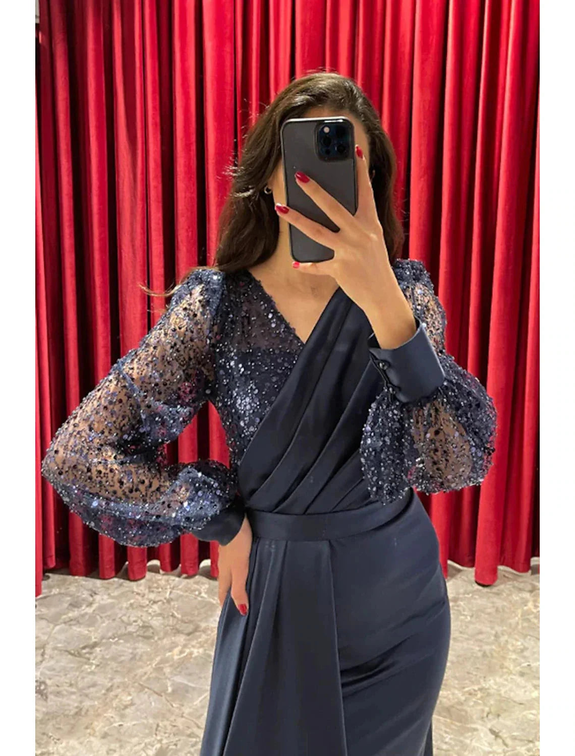 A-Line Evening Gown Sparkle & Shine Dress Formal Fall Sweep / Brush Train Long Sleeve V Neck Sequined with Glitter Pleats by YiHuiw