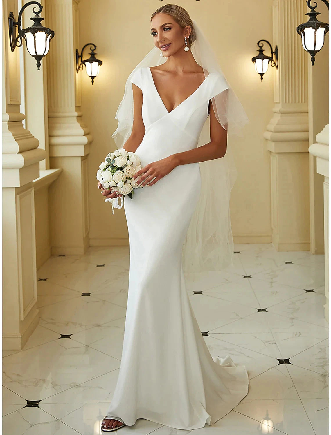Reception Casual Wedding Dresses Mermaid / Trumpet V Neck Cap Sleeve Sweep / Brush Train Fabric Bridal Gowns With Draping Solid Color Summer Wedding Party Women's Clothing by YiHuiw
