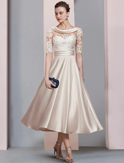 Mother of the Bride Dress A-Line Fall Wedding Guest Dresses Vintage Elegant Scoop Neck Tea Length Satin Lace Half Sleeve with Ruched Appliques by YiHuiw