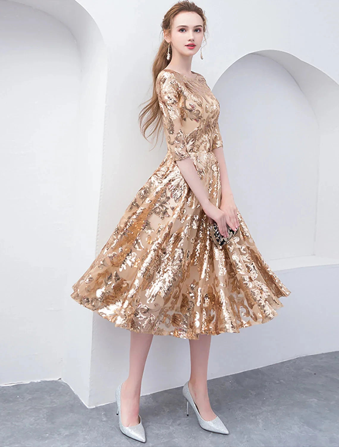 A-Line Cocktail Dresses Party Dress Holiday Wedding Guest Tea Length Half Sleeve Jewel Neck Sequined with by YiHuiw