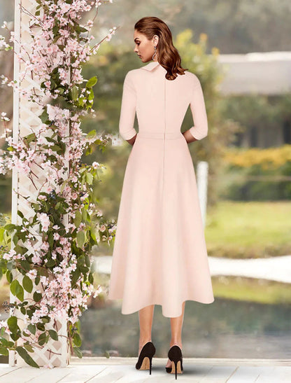 Sheath / Column Mother of the Bride Dress Minimalist Sweet Scoop Neck Tea Length Satin 3/4 Length Sleeve with Pleats Solid Color by YiHuiw