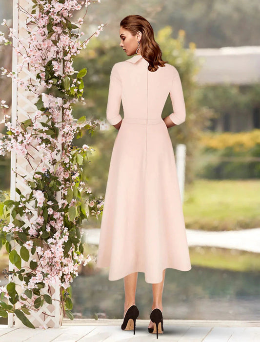 Sheath / Column Mother of the Bride Dress Minimalist Sweet Scoop Neck Tea Length Satin 3/4 Length Sleeve with Pleats Solid Color by YiHuiw