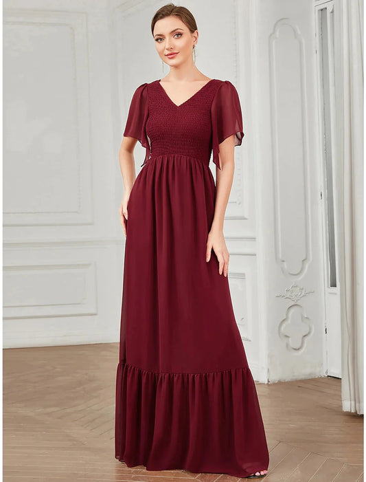 A-Line Prom Dresses Elegant Dress Party Wear Wedding Guest Floor Length Short Sleeve V Neck Chiffon with Pleats by YiHuiw