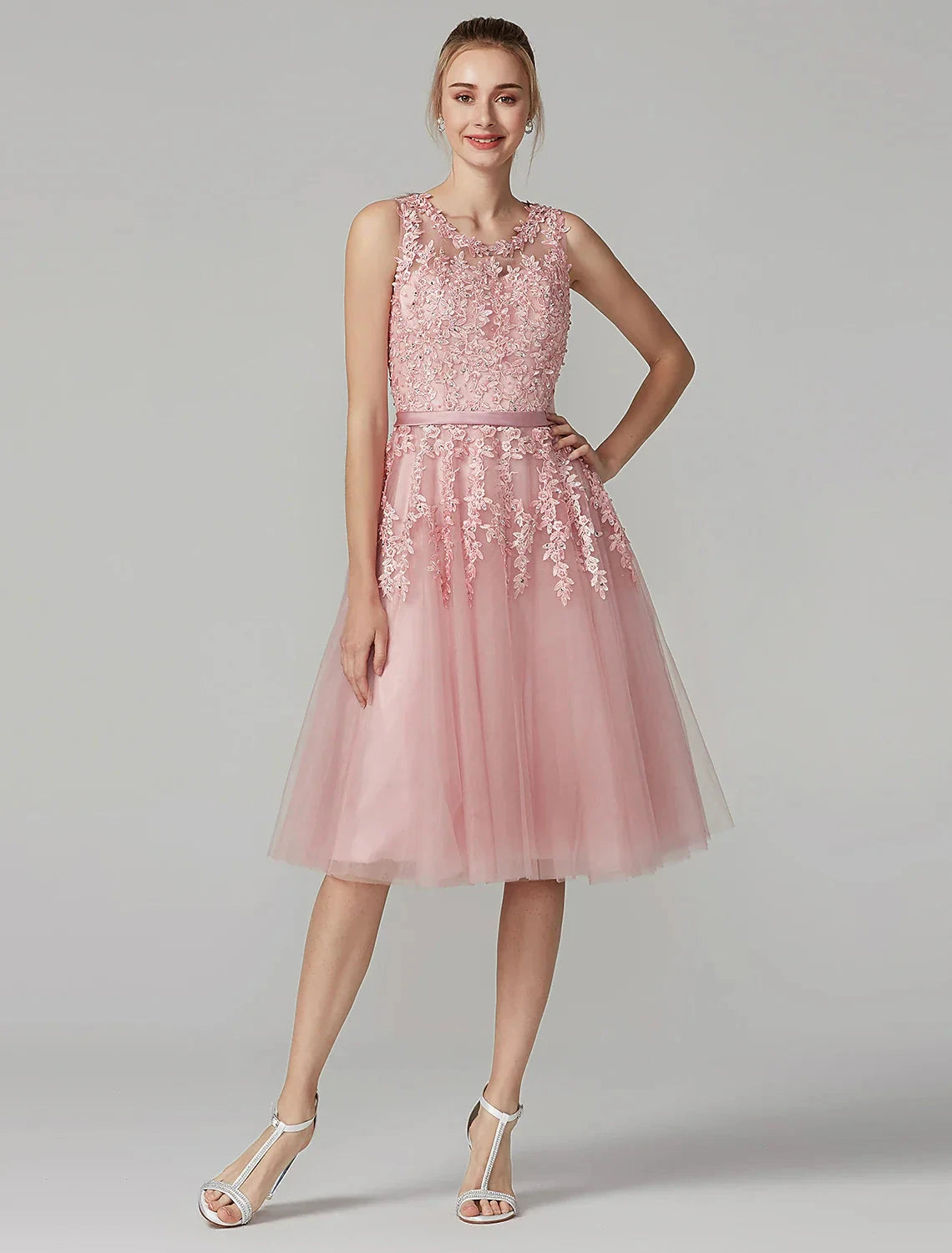 A-Line Cute Dress Cocktail Party Prom Knee Length Sleeveless Illusion Neck Tulle Over Lace with Beading Appliques by YiHuiw