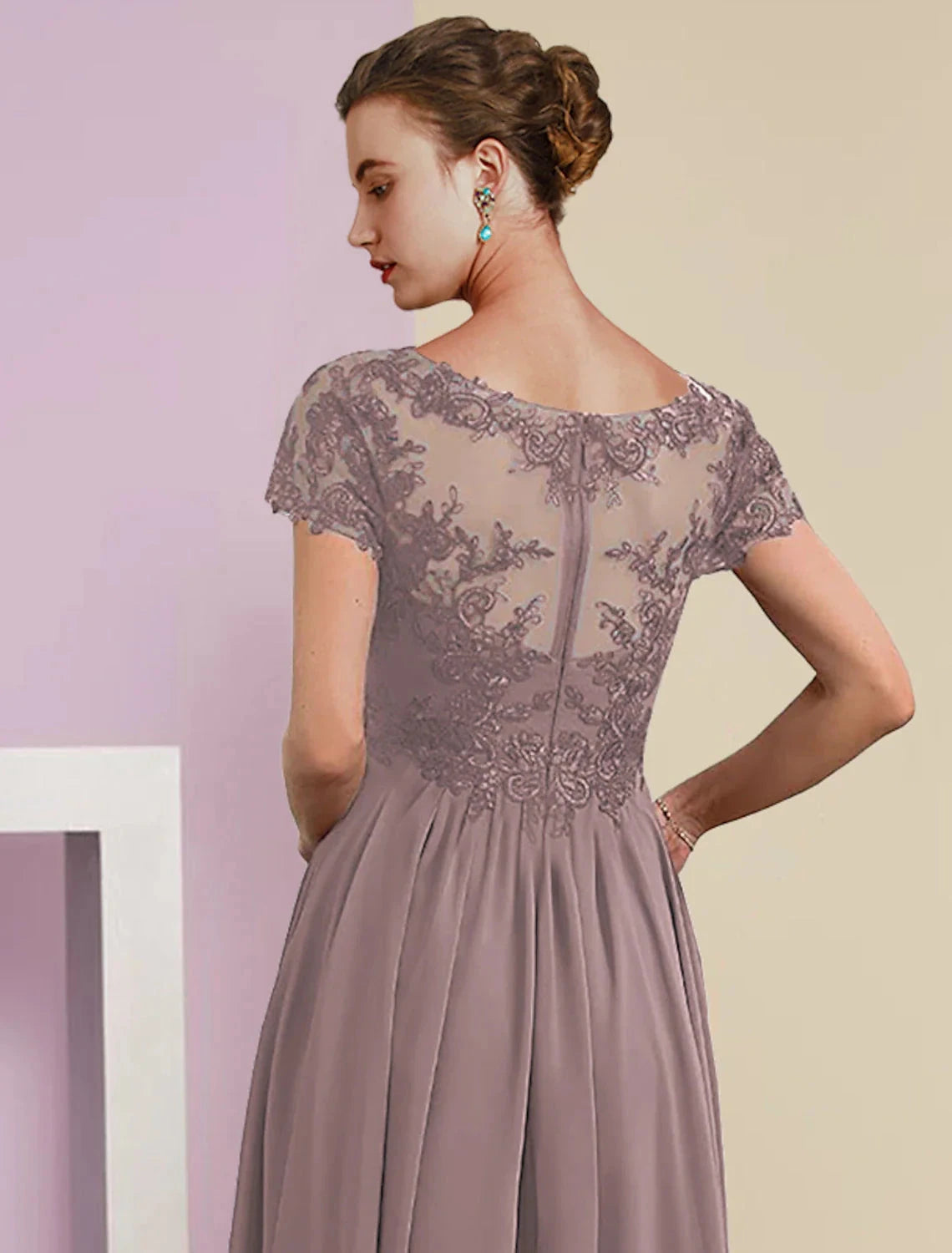 Two Piece A-Line Mother of the Bride Dress Formal Wedding Guest Elegant V Neck Tea Length Chiffon Lace Short Sleeve Jacket Dresses with Pleats Appliques by YiHuiw