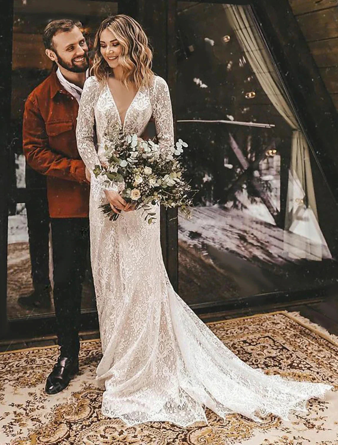 Beach Open Back Boho Wedding Dresses A-Line V Neck Long Sleeve Court Train Lace Bridal Gowns With Solid Color by YiHuiw