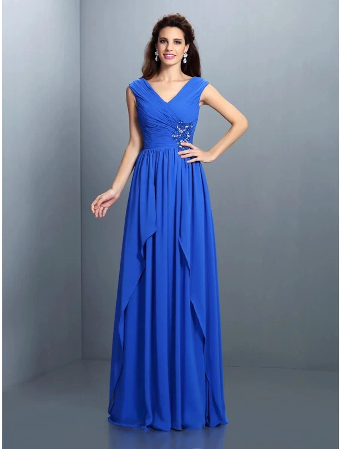 A-Line Evening Gown Sparkle & Shine Dress Wedding Guest Floor Length Sleeveless V Neck Chiffon with Rhinestone Ruched Sequin by YiHuiw