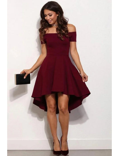 A-Line Fairy Cute Homecoming Party Dress Dress Off Shoulder Short Sleeve Short / Mini Satin with Pure Color by YiHuiw