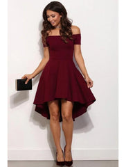 A-Line Fairy Cute Homecoming Party Dress Dress Off Shoulder Short Sleeve Short / Mini  Satin with Pure Color