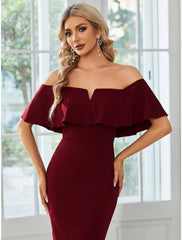 Sheath / Column Wedding Guest Dresses Minimalist Dress Party Wear Tea Length Short Sleeve Off Shoulder  Fabric with Slit Pure Color