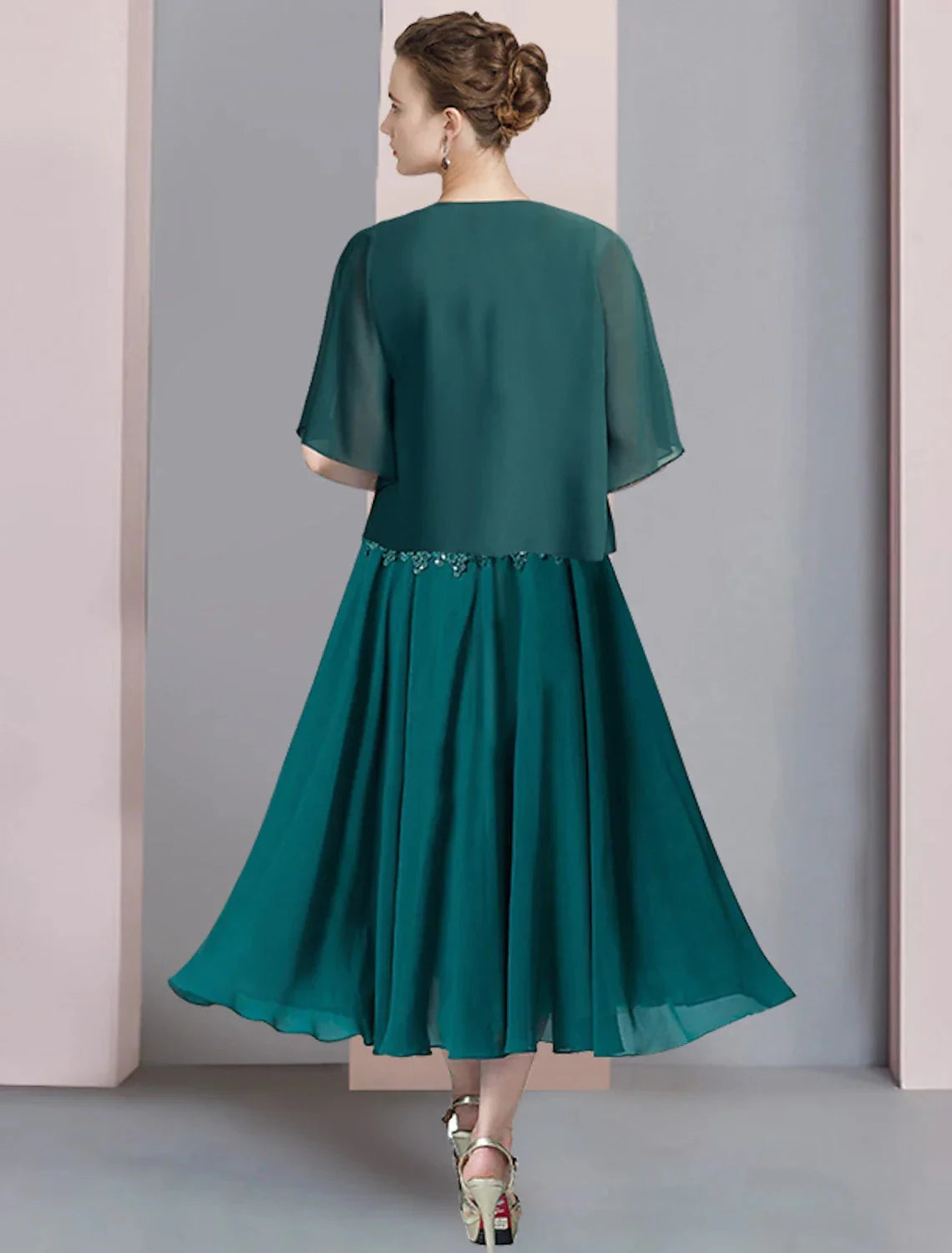 Two Piece A-Line Mother of the Bride Dress Formal Wedding Guest Elegant V Neck Tea Length Chiffon Lace Short Sleeve Wrap Included with Sequin Appliques by YiHuiw