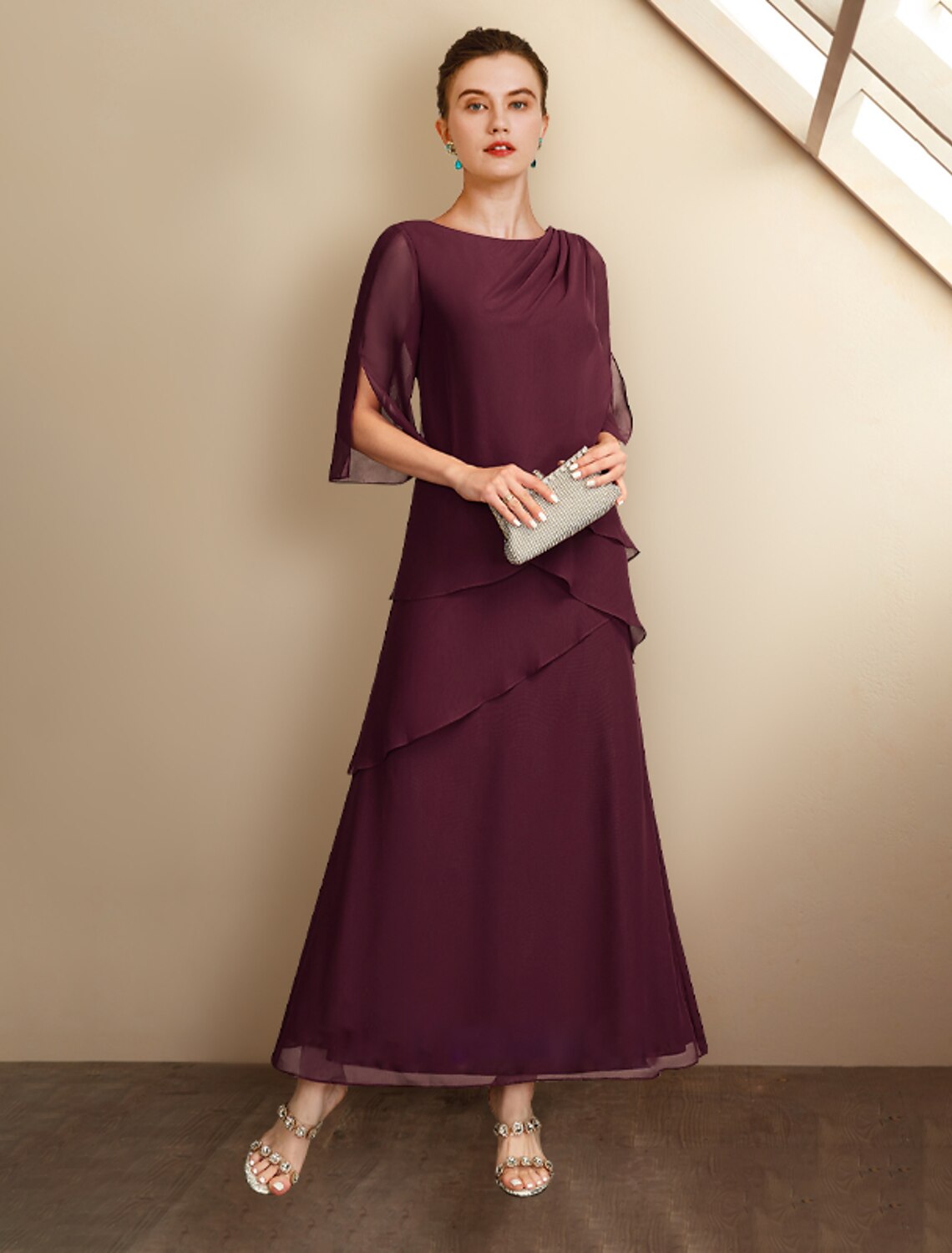 A-Line Mother of the Bride Dress Wedding Guest Plus Size Elegant Jewel Neck Ankle Length Chiffon Half Sleeve with Ruffles Side-Draped Fall by YiHuiw