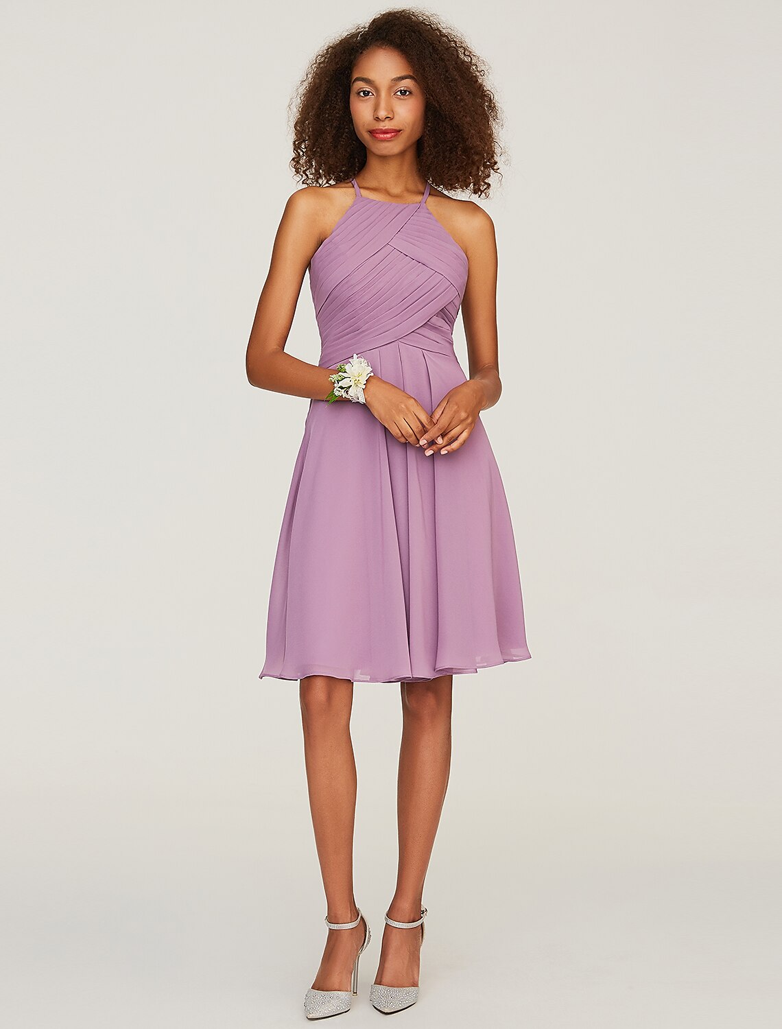 A-Line Bridesmaid Dress Halter Neck Sleeveless Keyhole Knee Length Chiffon with Ruffles by YiHuiw