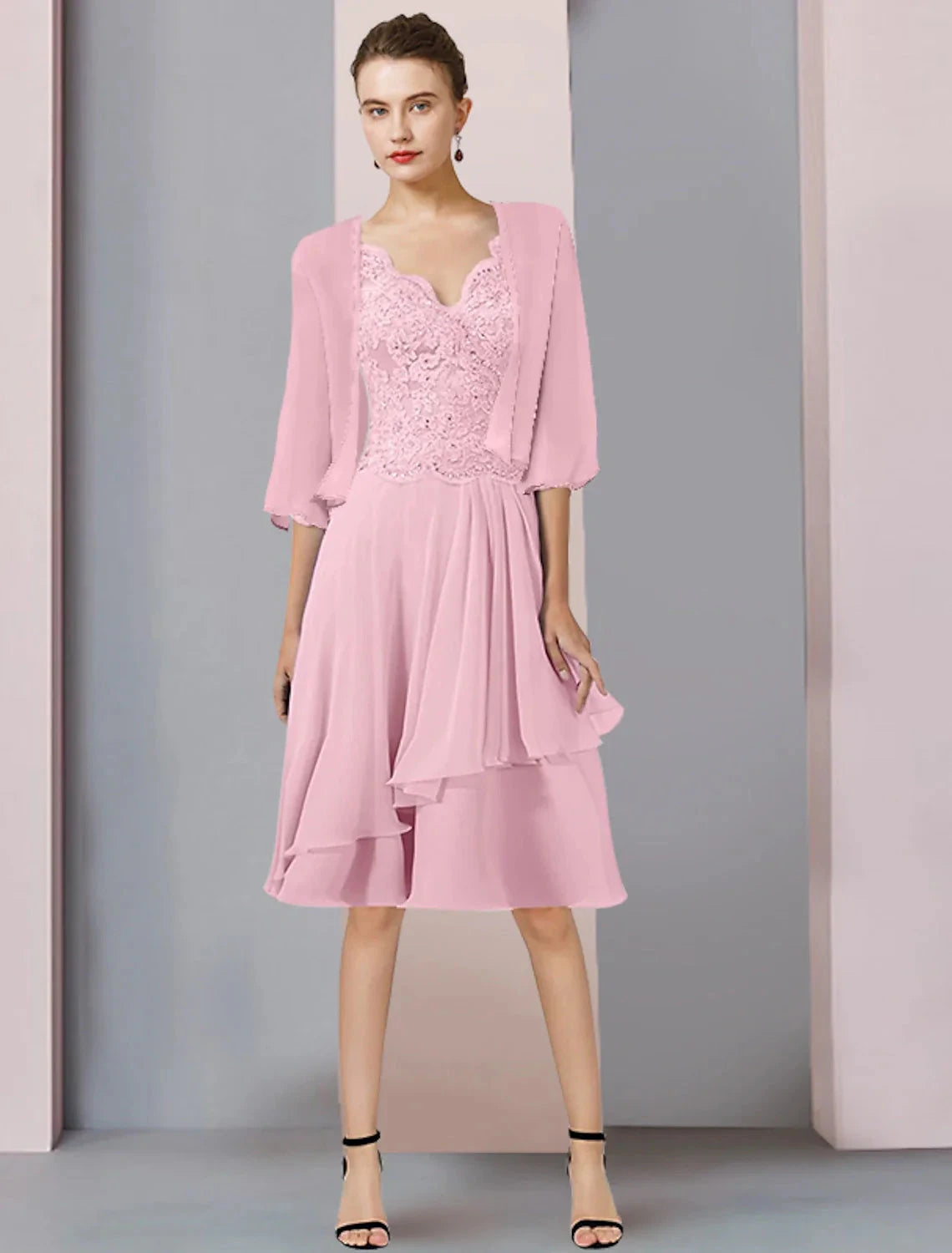 Two Piece A-Line Mother of the Bride Dress Formal Wedding Guest Elegant V Neck Knee Length Chiffon Lace 3/4 Length Sleeve Wrap Included with Beading Sequin Appliques by YiHuiw