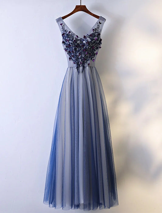 A-Line Bridesmaid Dress V Neck Sleeveless Elegant Floor Length Tulle with Beading / Appliques