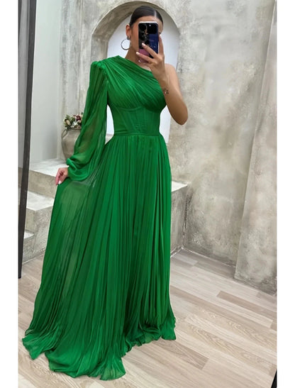 A-Line Evening Gown High Split Dress Formal Fall Sweep / Brush Train Long Sleeve One Shoulder Chiffon with Pleats Slit by YiHuiw