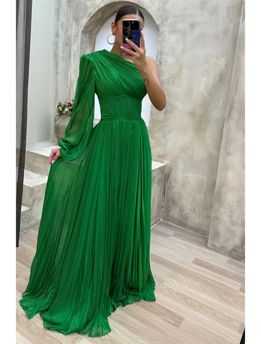A-Line Evening Gown High Split Dress Formal Fall Sweep / Brush Train Long Sleeve One Shoulder Chiffon with Pleats Slit by YiHuiw