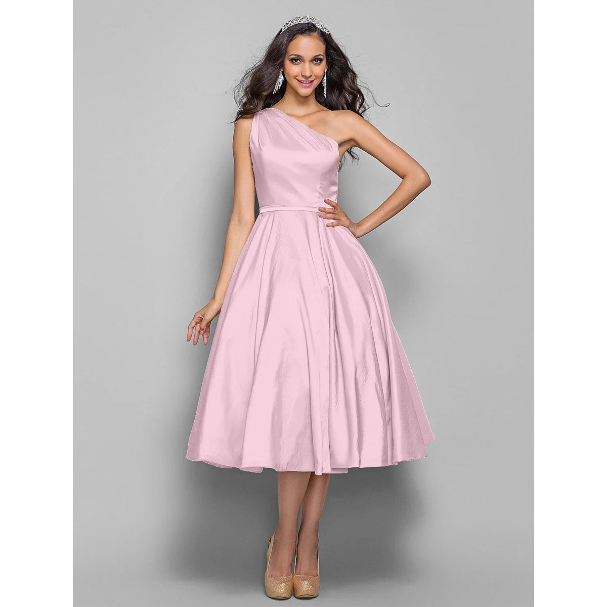 A-Line Minimalist Elegant Cocktail Party Wedding Party Dress One Shoulder Sleeveless Tea Length Taffeta with Sash / Ribbon by YiHuiw
