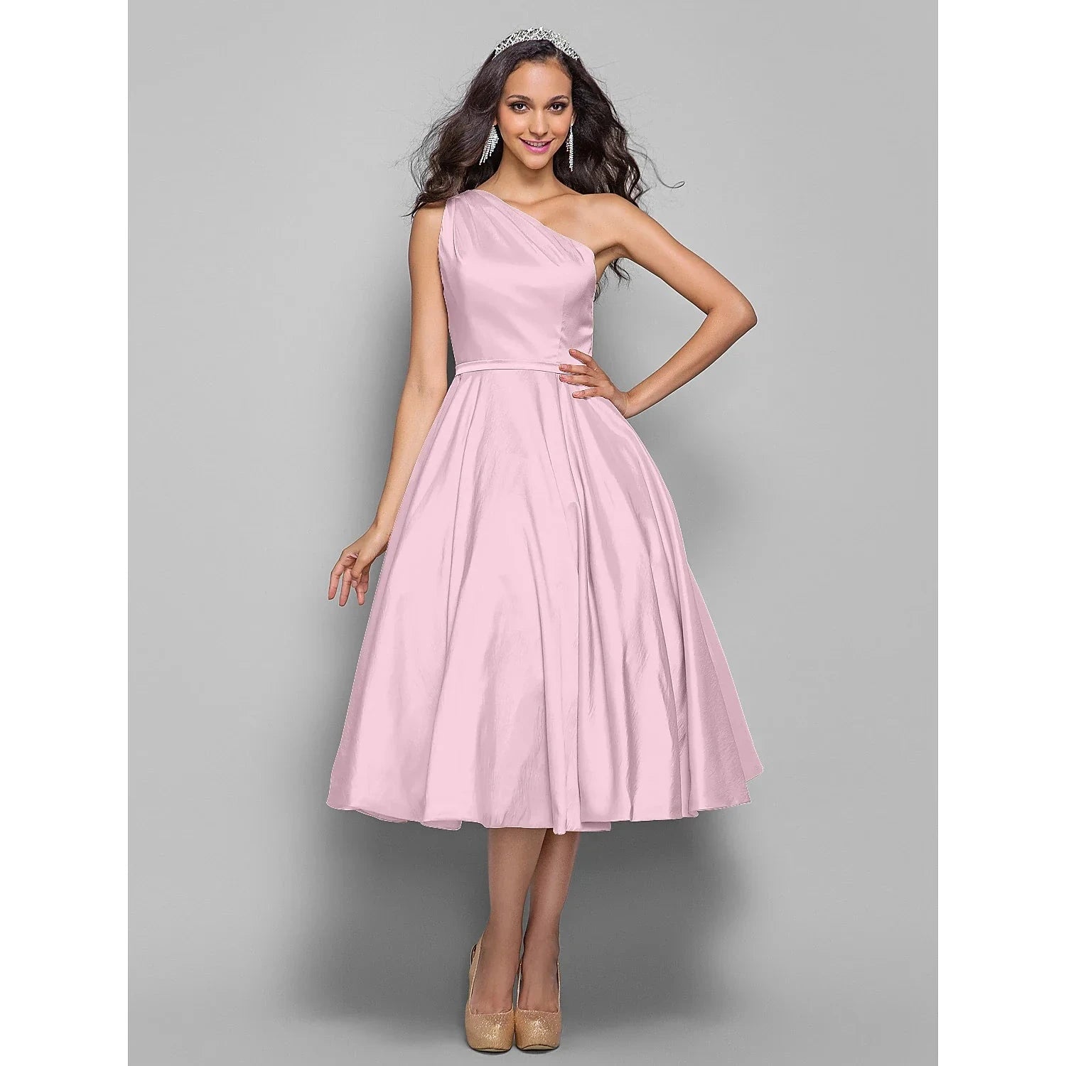 A-Line Minimalist Elegant Cocktail Party Wedding Party Dress One Shoulder Sleeveless Tea Length Taffeta with Sash / Ribbon by YiHuiw